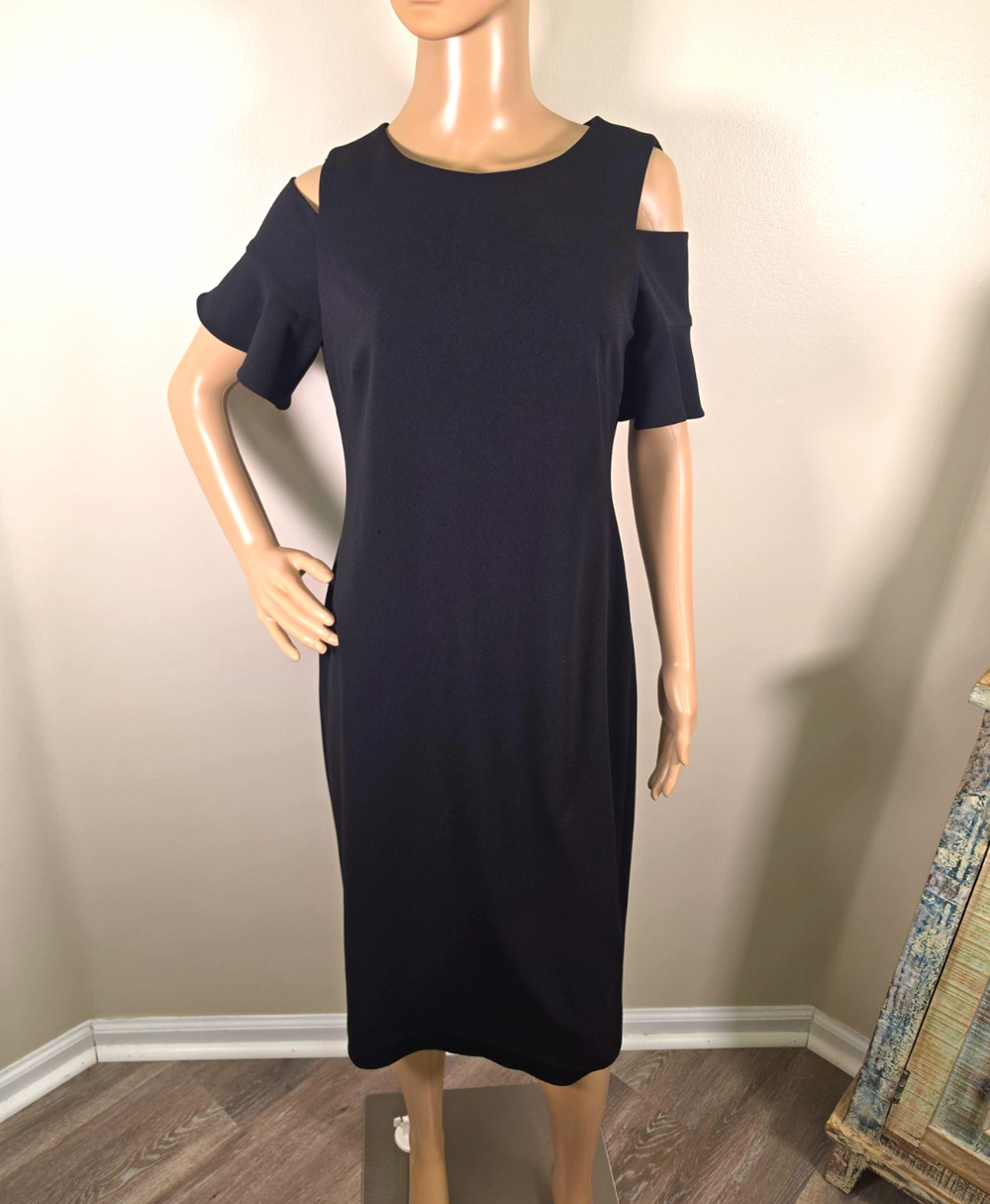 Calvin Klein Black Sheath Dress Size 10 Cold Shoulder Midi Round Neck Stretch